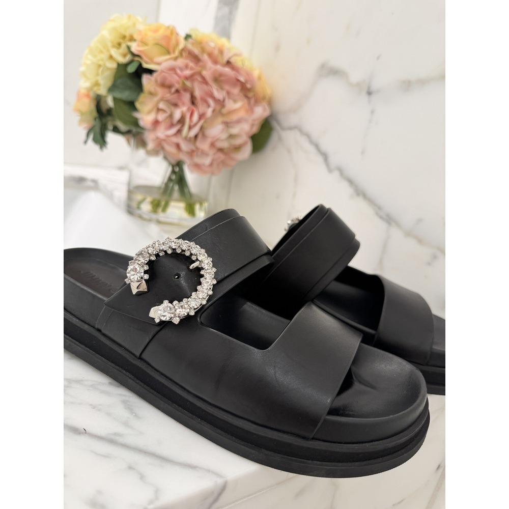 JIMMY CHOO 37.5 Marga Crystal-Embellished Open-Toe Flat Slides Black $825 no box
